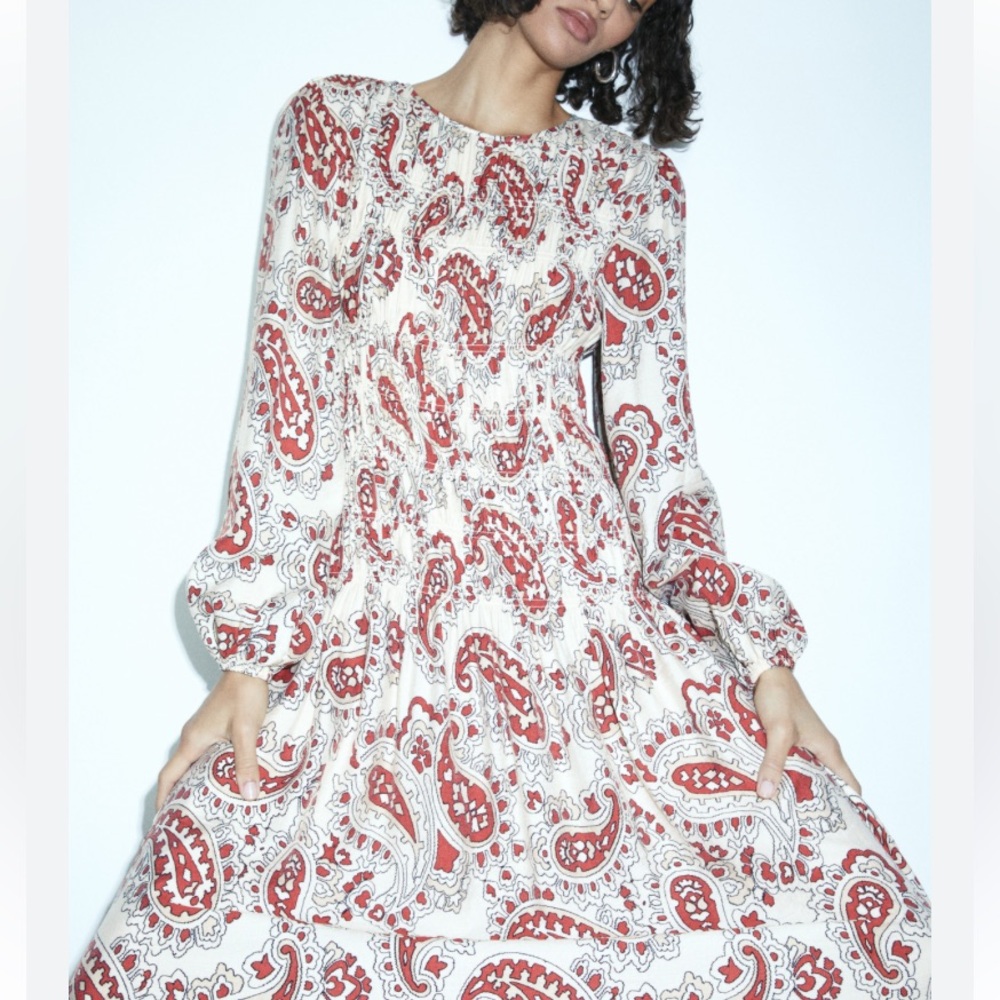 H&M Smock Topped Dress Midi Long Sleeve Smocked Paisley Boho Sz L